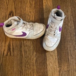 Used Girls Nike high top sneakers size 1.5, color cream and purple.